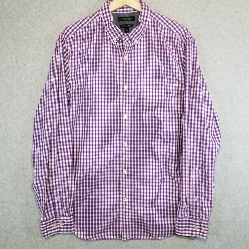 Banana Republic Shirt Mens L Pink and Blue Plaid Non Iron Grant Fit Button Up